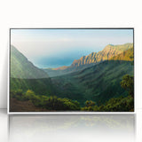 Framed wall art featuring a serene valley landscape design with vibrant colors, encased in a sleek white frame, perfect for home decor and nature enthusiasts.