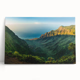 Stretched canvas wall art showcasing a serene valley landscape design, featuring vibrant green hills and a blue sky, perfect for enhancing home decor.