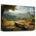 Acrylic glass wall art showcasing a vibrant valley landscape design, viewed from the side, elegantly mounted with pins for contemporary decor. Ideal for nature-inspired interiors.