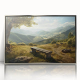Framed wall art collection showcasing a serene valley landscape design with a silver acrylic frame, perfect for modern home decor. The artwork features soft hues of green and blue, creating a calming ambiance ideal for living spaces or offices.