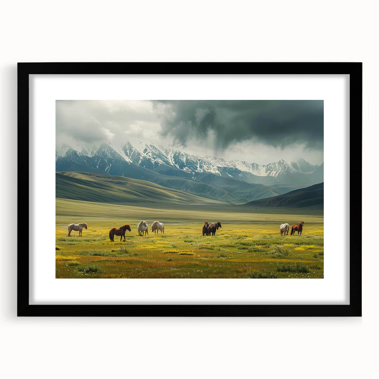 Framed wall art featuring a serene valley landscape design with a black mat, showcasing lush greenery and a tranquil atmosphere, perfect for home decor.