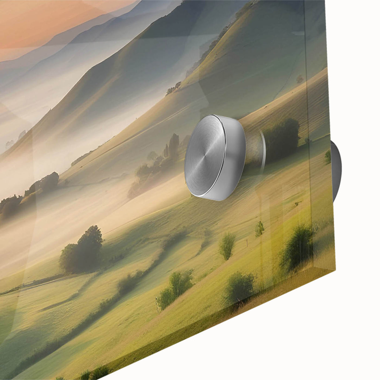 Close-up of a vibrant acrylic glass wall art piece featuring a serene valley landscape design, showcasing rich colors and intricate details, perfect for home decor.
