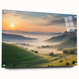 Acrylic glass wall art showcasing a vibrant valley landscape design, elegantly framed with pins, adding a contemporary touch to interior decor. This piece combines vivid colors and detailed imagery, perfect for enhancing any living space.