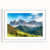 Framed wall art showcasing a serene valley landscape design with soft green hues and a white mat, perfect for enhancing home decor and creating a calming atmosphere.