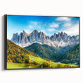 Framed canvas wall art showcasing a serene valley landscape design, featuring vibrant colors and intricate details, viewed from the side against a neutral backdrop.