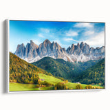 Framed canvas wall art showcasing a serene valley landscape design with vibrant colors, displayed at a side view against a white background. Perfect for home decor.