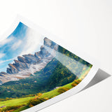 Serene landscape wall art print showcasing a vibrant valley scene with rolling hills and a clear blue sky, rolled up in a protective cardboard tube for shipping.