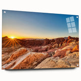 Side view of a contemporary wall art piece showcasing a vibrant valley landscape, framed in acrylic glass with visible pins, perfect for modern home decor.