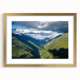 Framed gold wall art showcasing a serene valley landscape design with a mat, perfect for home decor. Ideal for enhancing living spaces with nature's beauty.