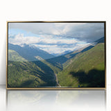 Framed acrylic wall art showcasing a stunning valley landscape design in rich colors, highlighted with a gold frame, perfect for modern home decor.