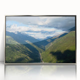 Framed acrylic wall art showcasing a serene valley landscape design with silver accents, perfect for home decor and enhancing visual aesthetics.