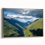 Framed landscape wall art collection showcasing a serene valley design with rich green hues and gold accents, perfect for elevating home decor.