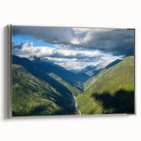 Framed canvas wall art showcasing a serene valley landscape design, featuring silver accents and a modern aesthetic, ideal for home decor enhancement.