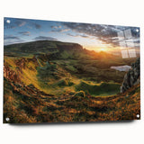 Side view of a wall art collection featuring a vibrant landscape valley design, displayed with acrylic glass and decorative pins, perfect for home decor.