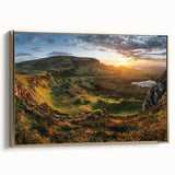 Framed canvas wall art showcasing a serene valley landscape with rich green hills and a golden frame, perfect for enhancing interior decor and creating a calming atmosphere.