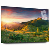 Acrylic glass wall art featuring a vibrant landscape valley design, showcasing rich colors and intricate details, ideal for home decor and artistic displays.
