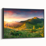 Framed canvas wall art showcasing a serene valley landscape design, featuring rich green hills and a clear blue sky, viewed from a black side angle, ideal for home decor.