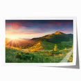 Vibrant landscape wall art print showcasing a serene valley scene with lush greenery and a clear blue sky, rolled and ready for framing or display.
