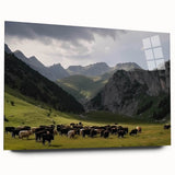 Acrylic glass wall art collection showcasing a serene valley landscape in vibrant colors, displayed from a side view, perfect for modern home decor.