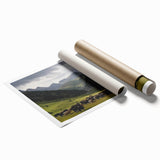 Rolled art print showcasing a serene valley landscape with lush greenery and rolling hills, designed for home decor, emphasizing nature's beauty in vibrant colors.