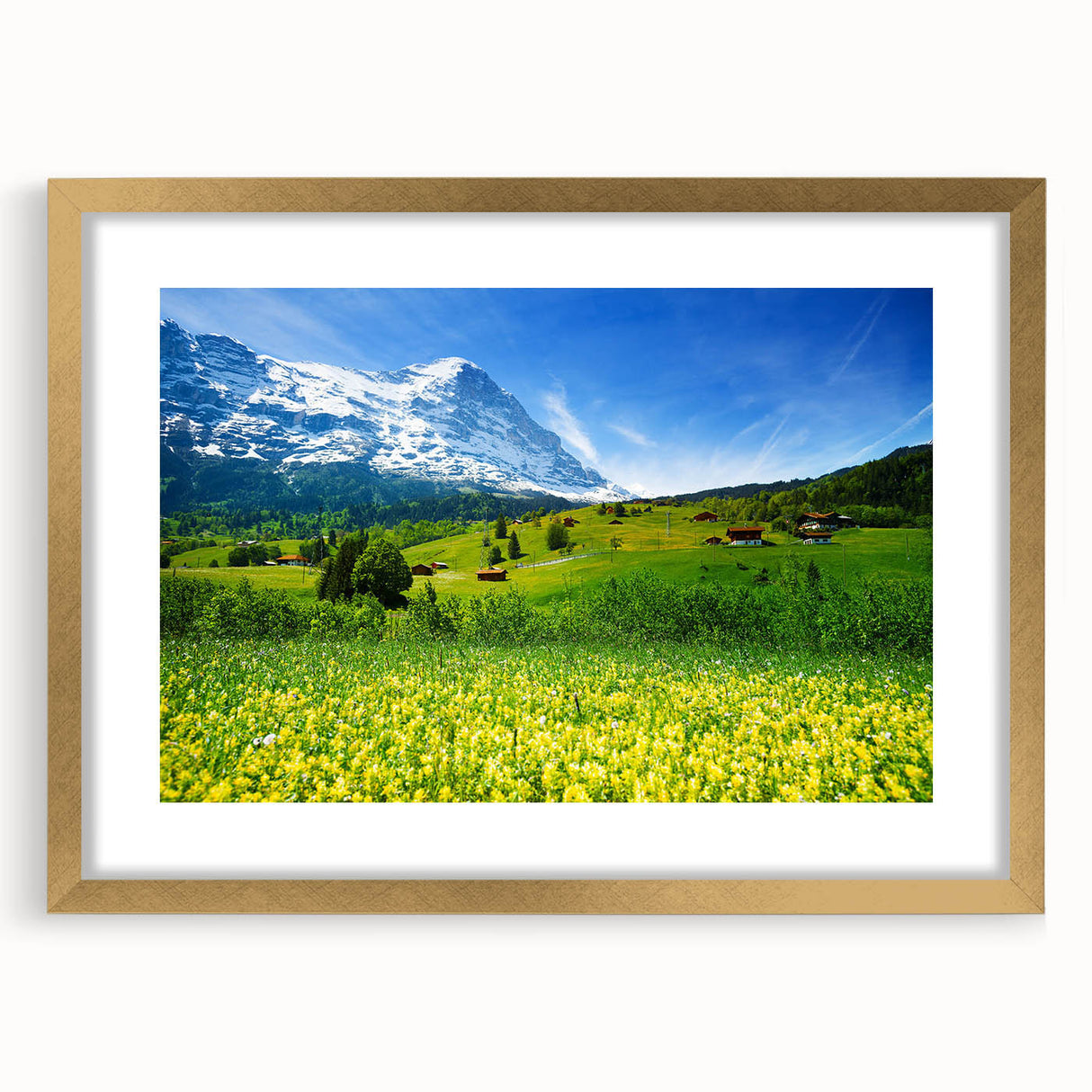Framed wall art featuring a serene valley landscape design with a gold mat, showcasing vibrant colors and intricate details, perfect for home decor enhancement.