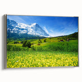 Framed canvas wall art collection showcasing a serene valley landscape design with vibrant colors and a silver frame, perfect for home decor enhancement.