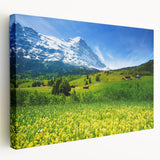 Stretched canvas wall art showcasing a vibrant valley landscape with rich green hills and a clear blue sky, perfect for enhancing modern home decor.