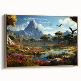 Framed canvas wall art featuring a serene landscape design with a golden frame, showcasing lush green valleys and blue skies, perfect for home decor.
