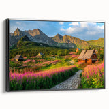 Framed canvas wall art showcasing a serene valley landscape design with rich greens and blues, viewed from the side, perfect for enhancing home decor.