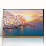 Framed acrylic wall art showcasing a vibrant landscape village design, featuring golden accents and a modern aesthetic, perfect for home decor enhancement.