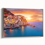 Framed wall art showcasing a serene village landscape scene with silver accents, perfect for home decor, evoking tranquility and charm in any setting.