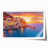 Rolled print of a vibrant landscape village design featuring colorful houses and lush greenery, showcasing artistic details and textures, ideal for home decor.