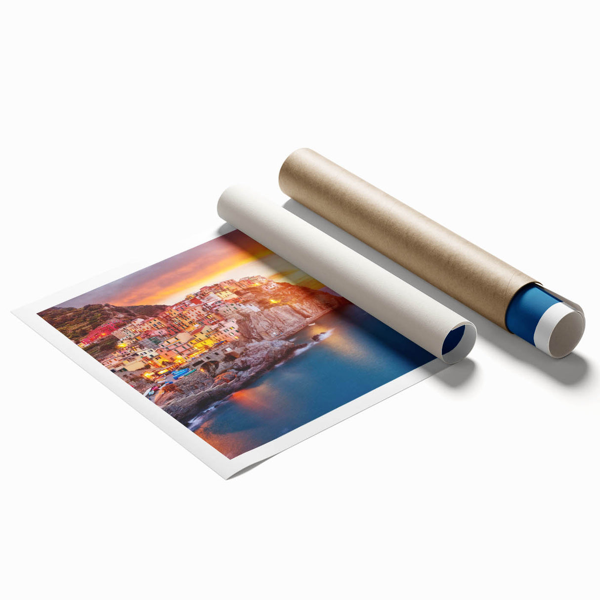 Vibrant rolled print of a serene village landscape, showcasing lush greenery and quaint houses, ideal for home decor enthusiasts seeking nature-inspired art.