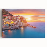 Colorful stretched canvas wall art showcasing a serene village landscape design with vibrant hues, perfect for home decor. Ideal for adding warmth to any room.