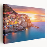 Stretched canvas wall art showcasing a serene village landscape design, featuring vibrant colors and intricate details, perfect for home decor enhancement.