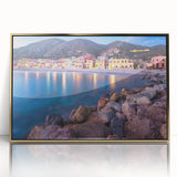 Framed acrylic wall art showcasing a vibrant village landscape design with gold accents, perfect for home decor. Ideal for enhancing living spaces with a touch of elegance.