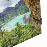 Close-up of a vibrant acrylic wall art piece depicting a serene village landscape, showcasing rich colors and intricate details, perfect for home decor.