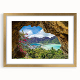 Framed wall art showcasing a scenic village landscape design, featuring a gold mat and modern frame, ideal for home decor and interior design enthusiasts.