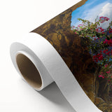 Rolled canvas showcasing a vibrant village landscape design with lush greenery and colorful houses, ideal for home decor or art enthusiasts.