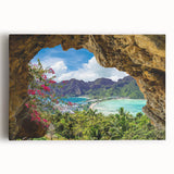 Stretched canvas wall art showcasing a vibrant village landscape design, featuring lush greenery, colorful houses, and a serene sky, perfect for home decor.