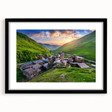 Framed wall art collection showcasing a picturesque village landscape design in a black frame with a white mat, ideal for home decor and interior design enthusiasts.
