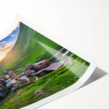 Rolled print showcasing a serene village landscape with lush greenery and vibrant colors, ideal for home decor, packaged securely in a sturdy tube.