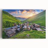 Stretched canvas featuring a vibrant landscape design showcasing a picturesque village scene, with lush greenery and a serene sky, ideal for home decor.