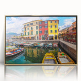 Framed acrylic wall art featuring a stunning landscape design depicting a serene village scene, adorned with a luxurious gold frame, ideal for modern home decor.