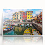 Framed acrylic wall art depicting a serene village landscape, featuring soft earthy tones and intricate details, perfect for home decor in modern interiors.