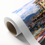 Rolled canvas showcasing a vibrant landscape village design, featuring rich colors and intricate details, ideal for home decor and artistic expression.