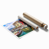 Rolled print of a vibrant landscape village scene featuring lush greenery, colorful houses, and a serene sky, designed for modern wall art decor. Ideal for enhancing living spaces with a touch of nature-inspired elegance.