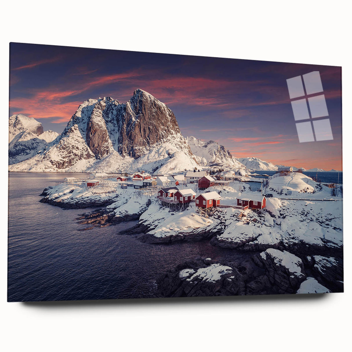 Acrylic glass wall art collection showcasing a vibrant village landscape design in rich colors, viewed from the side, highlighting its sleek edges and artistic depth. Ideal for modern home decor, this piece adds a touch of elegance to any space.