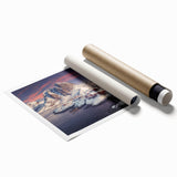 Rolled print of a serene landscape village scene with vibrant colors, showcasing rolling hills and quaint houses, perfect for home decor.