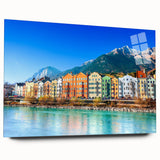 Colorful acrylic glass wall art showcasing a serene village landscape, highlighting vibrant hues and intricate details, ideal for home decor enhancement.